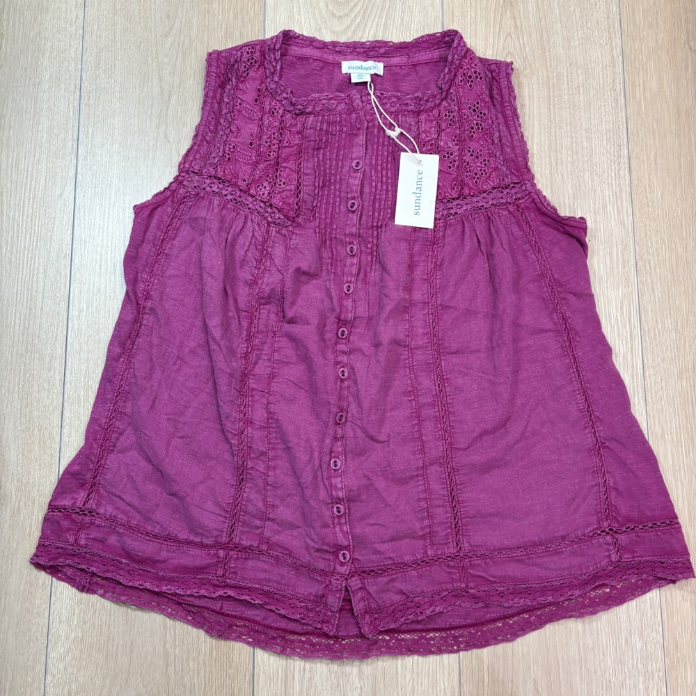 Sundance Magenta Purple Eyelet Lace Pintuck Sleeveless Cotton Button Top XS NWT